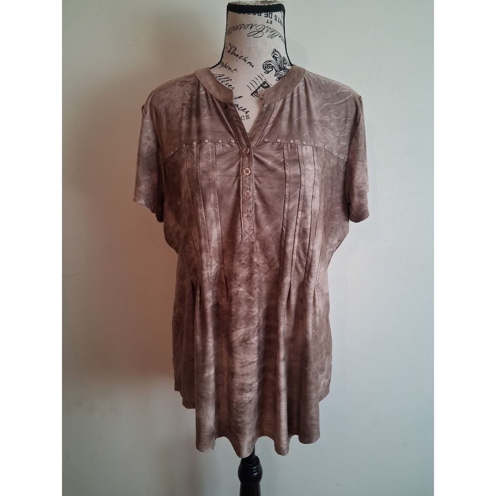 Sienna Grace Womens Taupe Embroidered Studded Pintuck Tunic Top Large Brown Boho